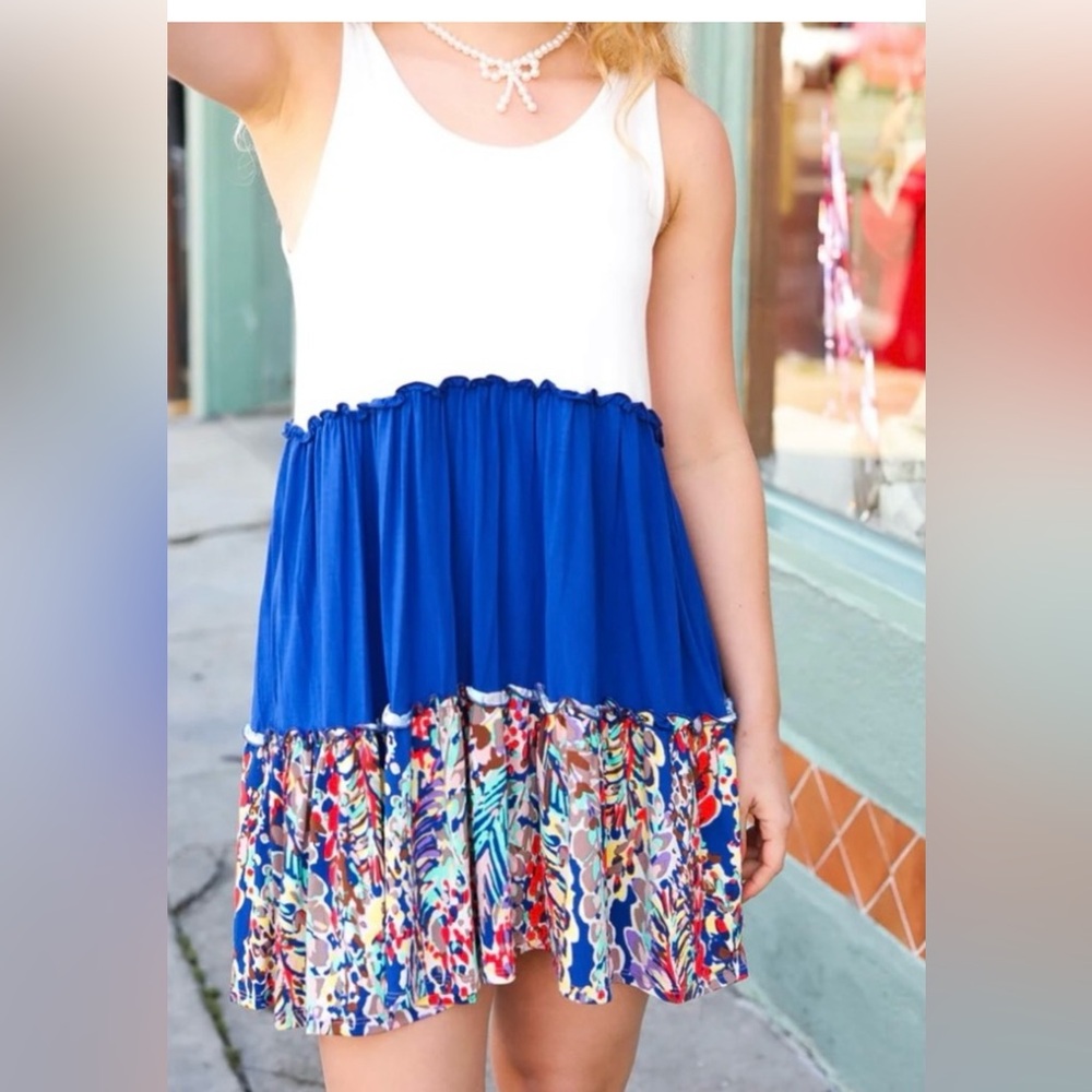 Beeson River tank color block dress sm rayon/spandex mix ivory blue multi print